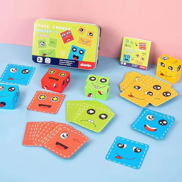 Kids Face Changing Magic Cube Puzzle for Kids, Rubik's Cube Face Expression Toy 16 Wooden Puzzles & 72 Playing Cards Expression Matching Emoji Educational Toy