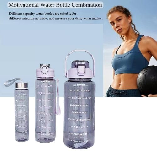 💧 Transparent Water Bottle Set – 3 Sizes (2L, 900ml, 300ml) | Motivational & Leakproof | BPA-Free
