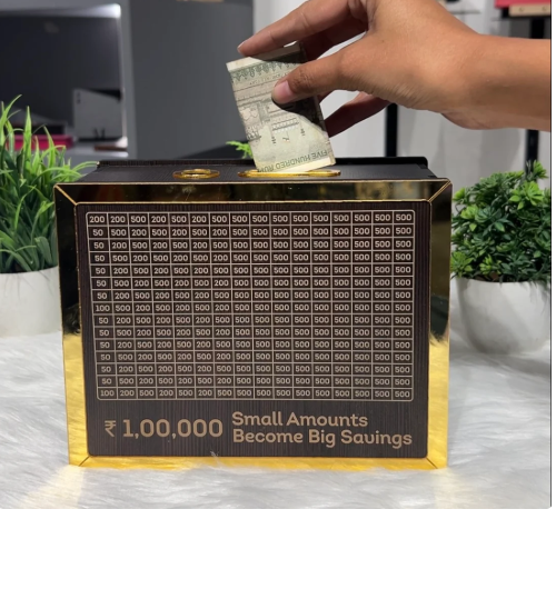 Wooden Landscape Money Box – ₹1,00,000+ Savings Challenge Piggy Bank | Smart Reusable Cashbox with Goal Cards, Clear Panel & Detachable Lid