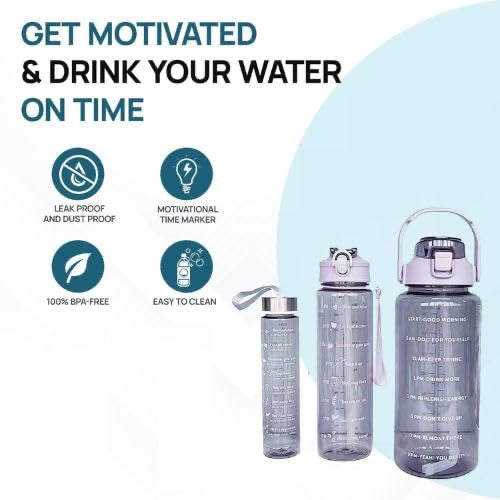 💧 Transparent Water Bottle Set – 3 Sizes (2L, 900ml, 300ml) | Motivational & Leakproof | BPA-Free