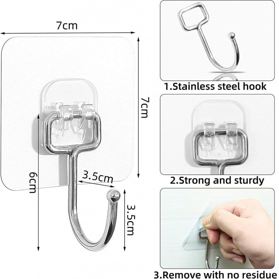 Transparent Large Adhesive Wall Hooks Hanger – Pack of 10, Heavy Duty & Reusable