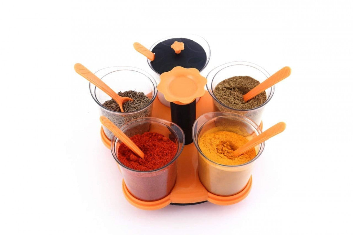 MULTI PURPOSE DINING SET OF 5 – 360° Revolving Spice Rack | Unbreakable | With Tray & Spoons