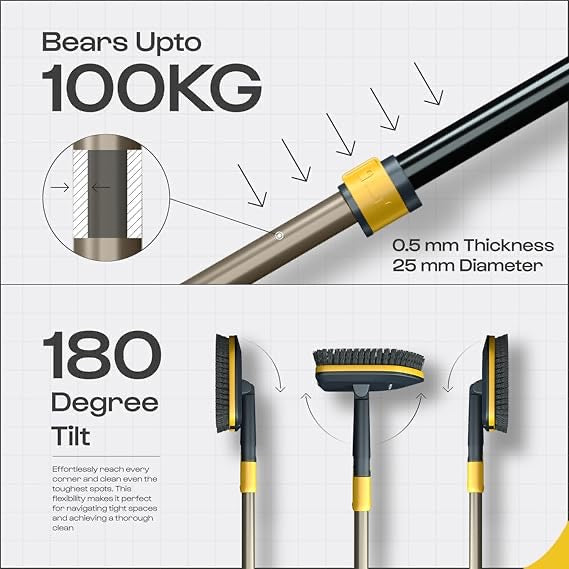 3-in-1 Cleaning Set | Long Handle Flexible Duster, Bristles, Microfiber & Scrubber for Tiles, Bathroom, Windows - 58.2” Extendable Pole, Detachable Heads