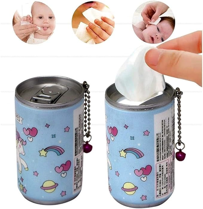 Mini Wet Wipes Tissue in Cartoon Printed Tin Can for Cleaning Face Body for Kids Girls Men Women, Wet Wipes Napkin, Portable Tin Wet Wipes ( 30 Wipes Can )