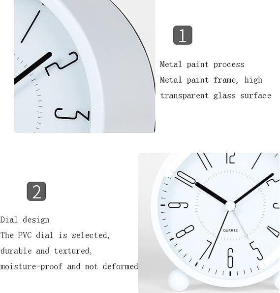 Analog 4 Inch Round Alarm Clock Non Ticking, Battery Operated & Light Function, Super Silent Alarm Clock, Simple Stylish Design for Desk/Bedroom