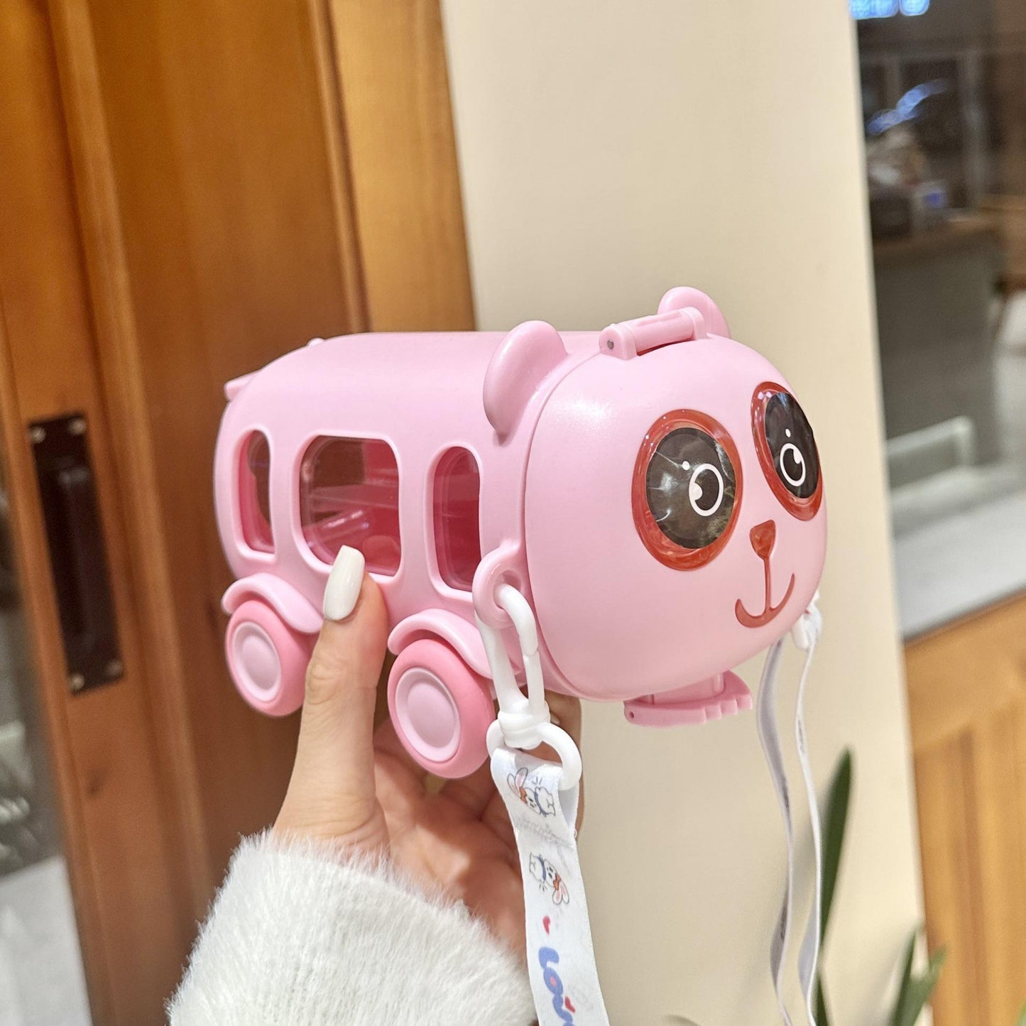 Cute Panda Bus Shaped Water Bottle for Kids – 380ml with Straw & Strap