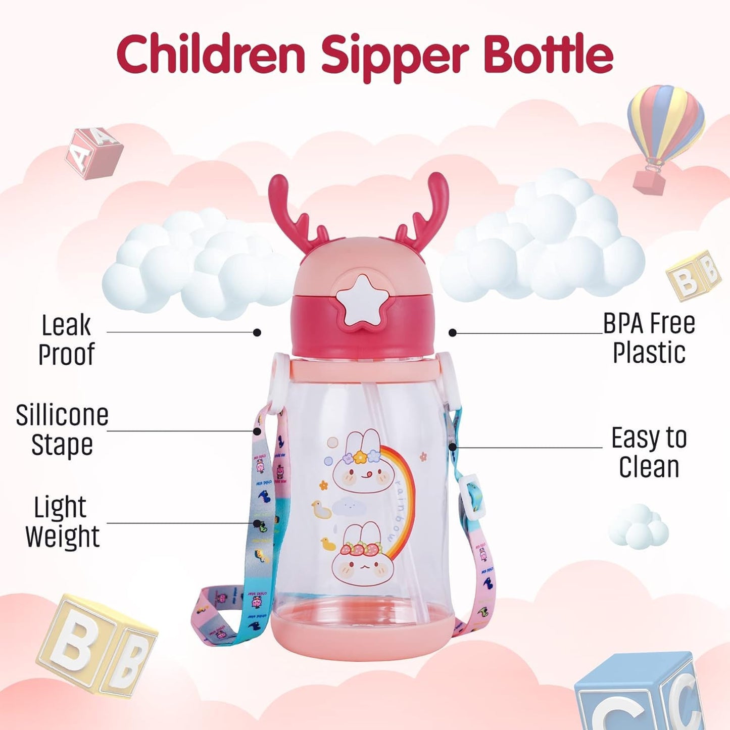 Kids Deer Horn Water Bottle with Straw – BPA-Free & Durable - Multicolor