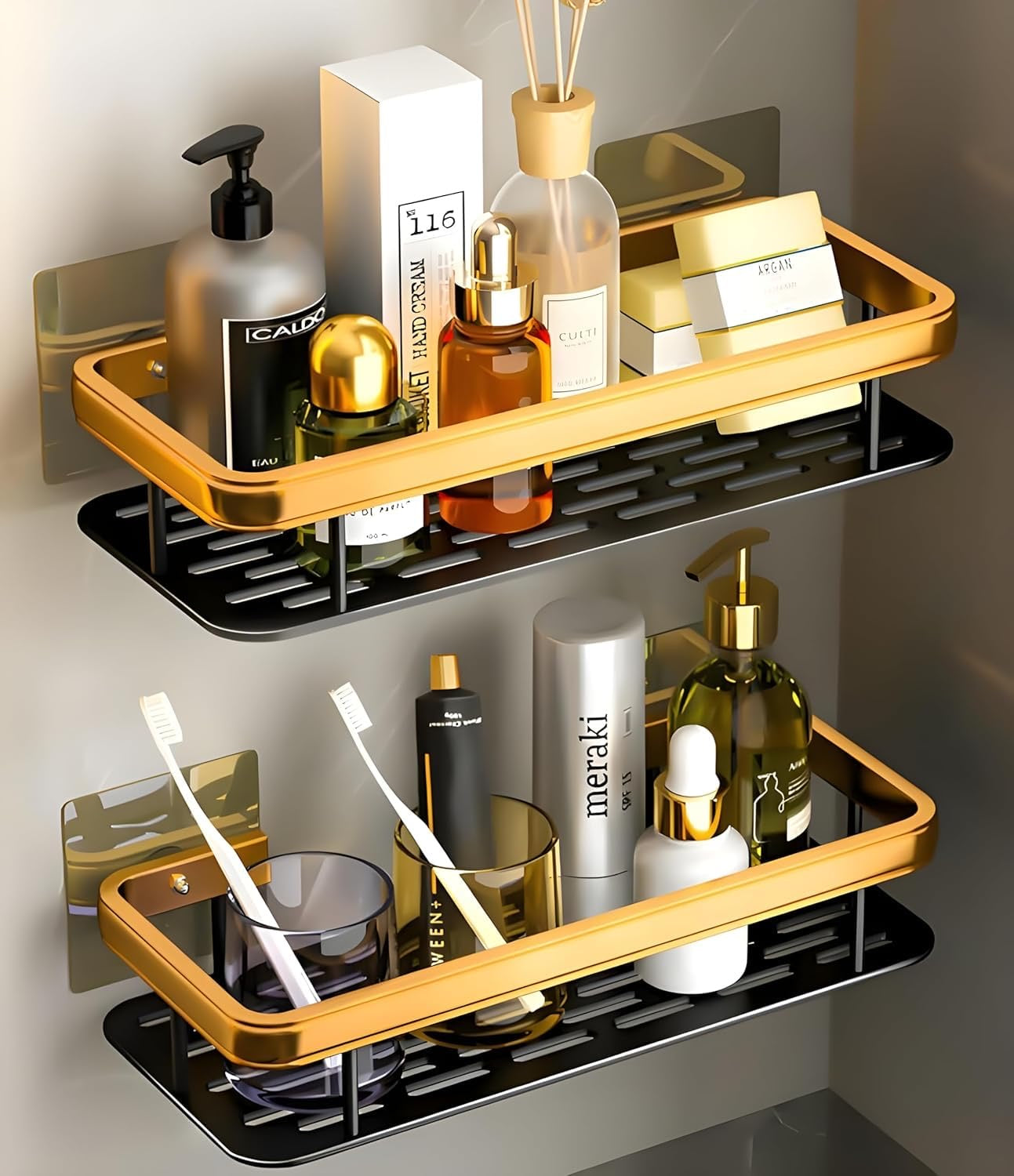 Gold Self-Adhesive Multipurpose Wall Mounted Bathroom Shelf & Rack for Kitchen, Space Saving Organizer, Punch Free Wall Shelves Stand (2pcs Pack)