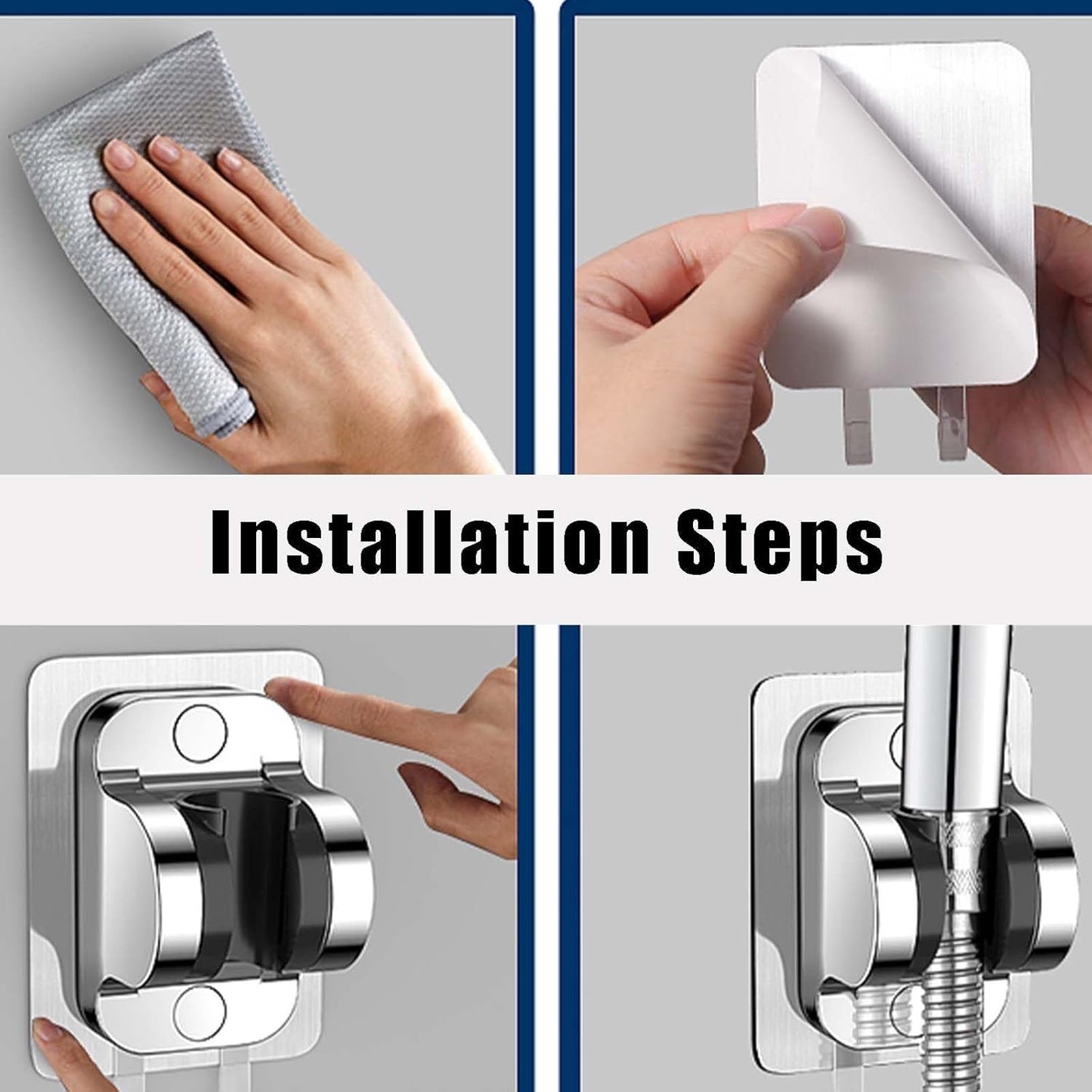 Heavy-Duty Adhesive Shower Head Holder | No-Drill Wall Mount | 90° Adjustable Angle & Built-In Hook | Universal Bathroom Fit