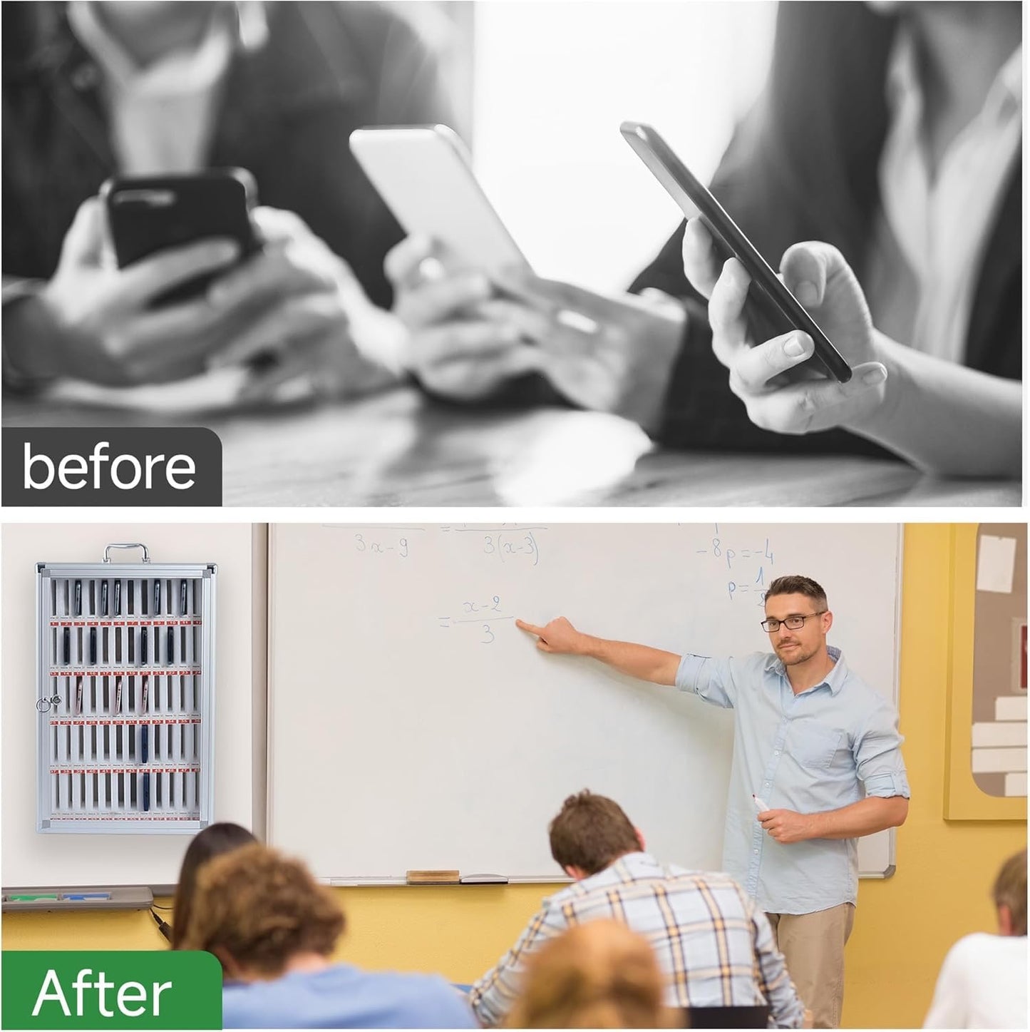 Cell Phones Storage Cabinet 36 Slots Aluminum Alloy Cell Phones Holder Storage Box Mobile Desktop Organizer Wall-Mounted Pocket Chart Locker Box with a Lock