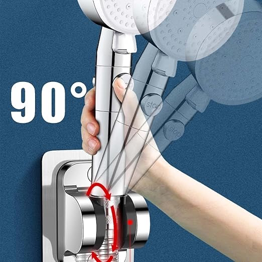 Heavy-Duty Adhesive Shower Head Holder | No-Drill Wall Mount | 90° Adjustable Angle & Built-In Hook | Universal Bathroom Fit
