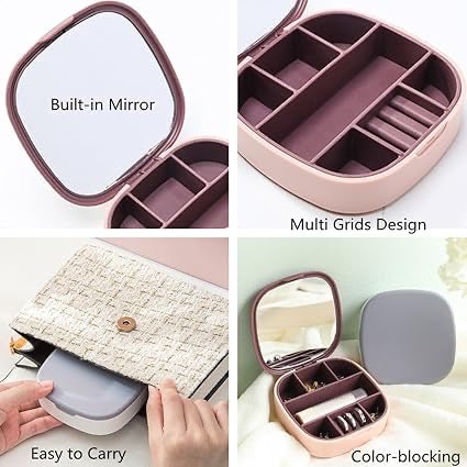 Travel Jewelry Box, Small and Portable Jewelry Storage Box with Mirror Earrings, Lipstick Necklace Storage Box Easy to Storage Jewelry Case Mini Cosmetic Holder Container