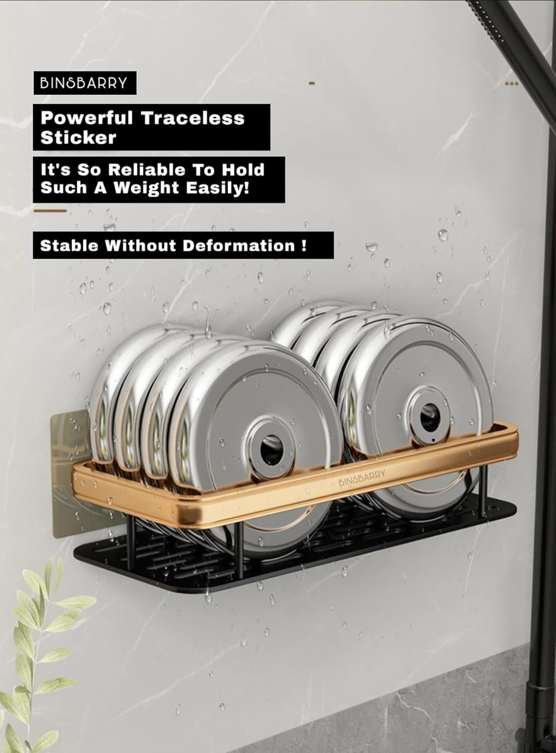 Gold Self-Adhesive Multipurpose Wall Mounted Bathroom Shelf & Rack for Kitchen, Space Saving Organizer, Punch Free Wall Shelves Stand (2pcs Pack)