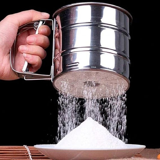 Stainless Steel Flour Sifter – Double-Layer Baking Sieve | One-Hand Press | Rust-Proof, Dishwasher Safe (250ml)
