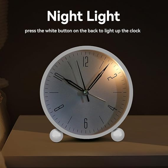 Analog 4 Inch Round Alarm Clock Non Ticking, Battery Operated & Light Function, Super Silent Alarm Clock, Simple Stylish Design for Desk/Bedroom