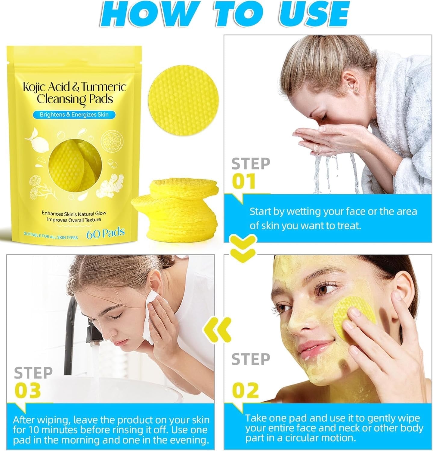 Turmeric Kojic Acid Cleansing Pads – 60 Pcs | Brightening & Exfoliating Wipes for Face & Body | Deep Pore Cleanser for All Skin Types