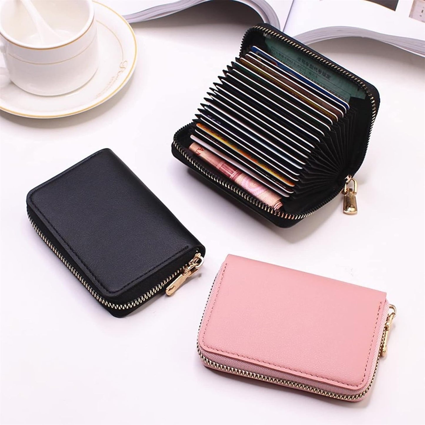 Credit Card Holder RFID Blocking PU Leather Mini Credit Card Wallet Purse Compact According ID Cards Bag with Zipper for Women Men 11 Card Slots