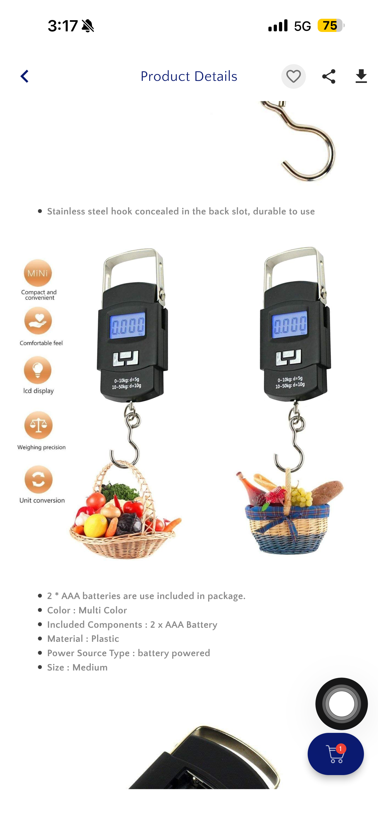 Digital Hook Scale – 50kg Capacity with LCD Display, Tare Function, Unit Conversion & Temperature Display