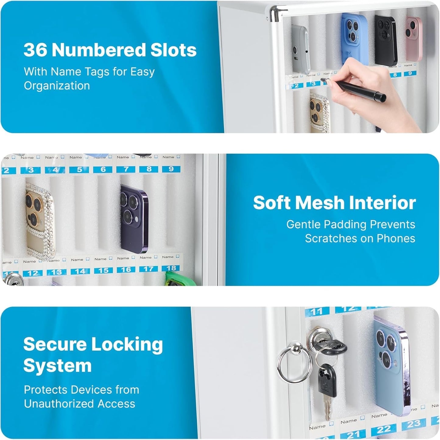 Cell Phones Storage Cabinet 36 Slots Aluminum Alloy Cell Phones Holder Storage Box Mobile Desktop Organizer Wall-Mounted Pocket Chart Locker Box with a Lock