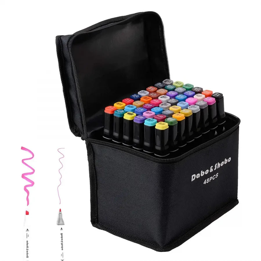 48 Pcs Dual-Tip Colour Marker Pen Set – Oil-Based, High-Pigment Markers with Bullet & Calligraphy Tips + Carry Case