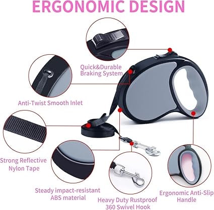 Retractable Dog Leash Single Handed Fast Lock Braking System Dogs Cats Rope Pink 3m | Pet Supplies | Dog Supplies | Leashes & Head Collars