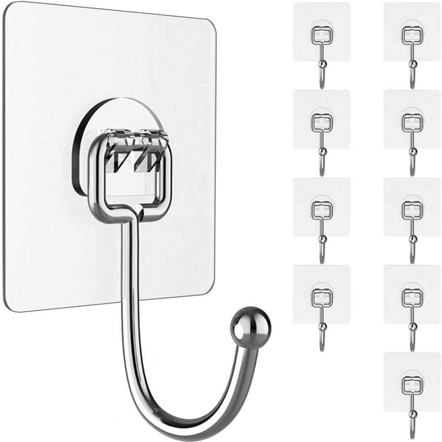 Transparent Large Adhesive Wall Hooks Hanger – Pack of 10, Heavy Duty & Reusable