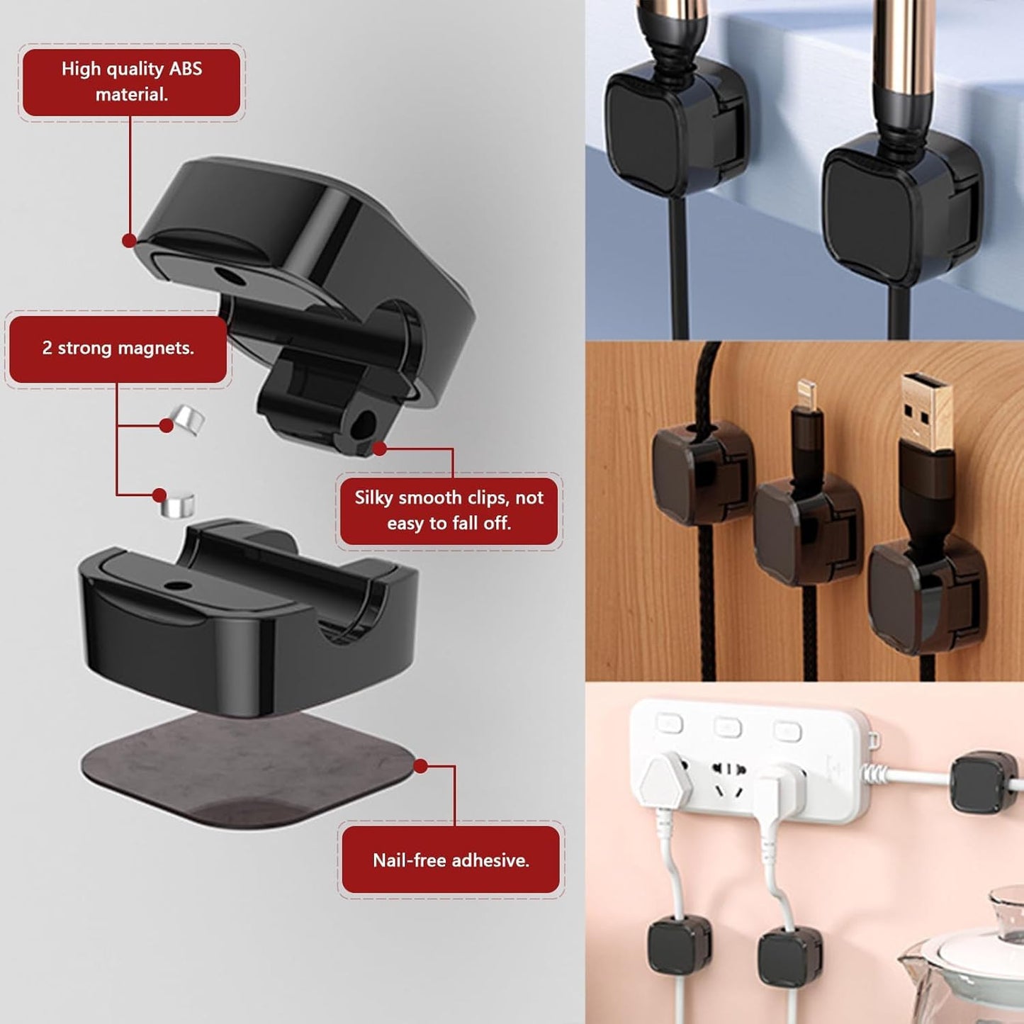 6 Pack Magnetic Cable Clips – Cord Organizer for Desk, Car & Home