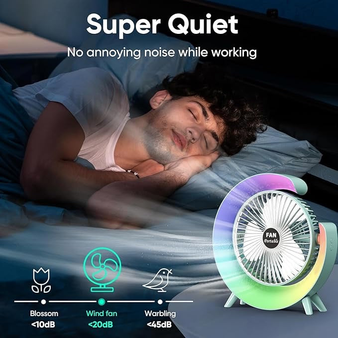 Colorful G-Shape Fan with LED Light – Quiet, Strong Wind, Rechargeable Mini Table & Desk Fan