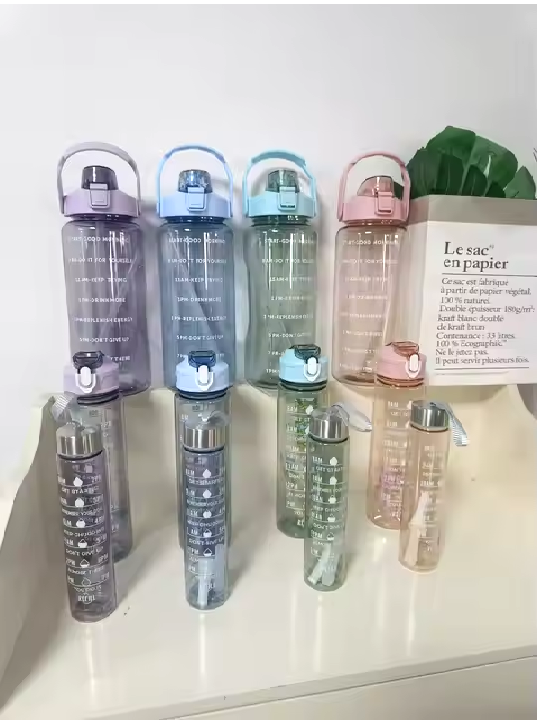 💧 Transparent Water Bottle Set – 3 Sizes (2L, 900ml, 300ml) | Motivational & Leakproof | BPA-Free