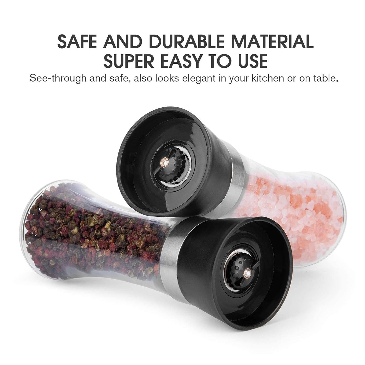 Glass Salt & Pepper Grinder Set – Adjustable Stainless Steel Mills with Ceramic Crusher