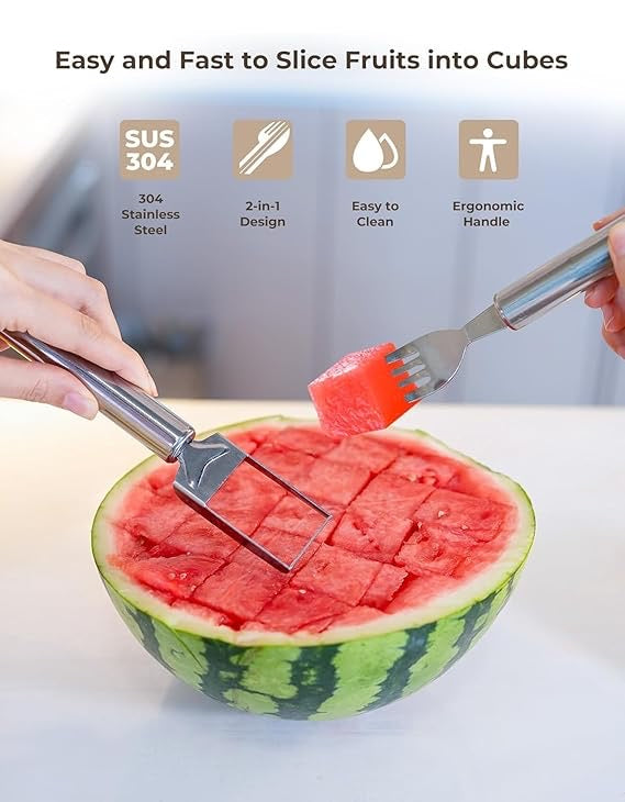2-in-1 Watermelon Fork & Cutter | Stainless Steel Fruit Cube Slicer for Watermelon, Mango, Pear & More | Easy-to-Use Summer Kitchen Tool
