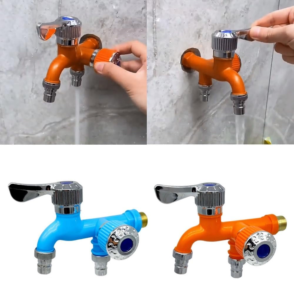 Multi-Functional Dual Water Tap Faucet with 2 Valve for Flushing Connected to an Automatic Washing Machine, Bathroom & Outdoor Garden Hose Cold Tap - Multicolour