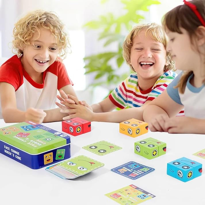 Kids Face Changing Magic Cube Puzzle for Kids, Rubik's Cube Face Expression Toy 16 Wooden Puzzles & 72 Playing Cards Expression Matching Emoji Educational Toy