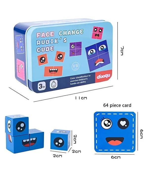 Kids Face Changing Magic Cube Puzzle for Kids, Rubik's Cube Face Expression Toy 16 Wooden Puzzles & 72 Playing Cards Expression Matching Emoji Educational Toy