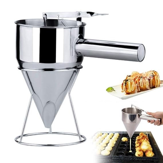 Stainless Steel Batter Dispenser with Stand | 1200ML No-Drip Funnel for Pancakes, Cupcakes, Muffins & Takoyaki | Ergonomic Handle, Dishwasher Safe