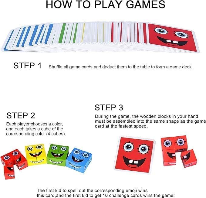 Kids Face Changing Magic Cube Puzzle for Kids, Rubik's Cube Face Expression Toy 16 Wooden Puzzles & 72 Playing Cards Expression Matching Emoji Educational Toy