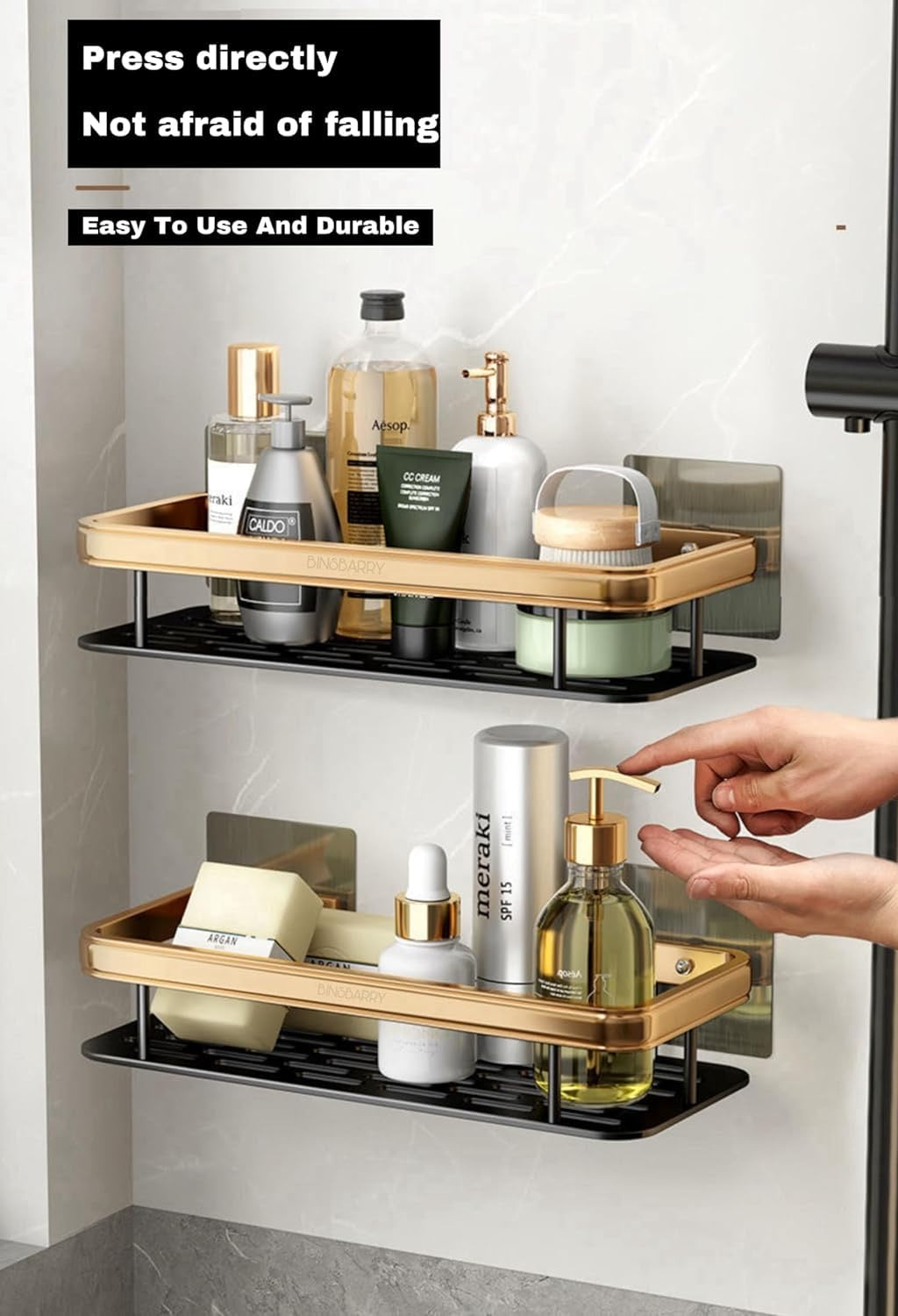 Gold Self-Adhesive Multipurpose Wall Mounted Bathroom Shelf & Rack for Kitchen, Space Saving Organizer, Punch Free Wall Shelves Stand (2pcs Pack)