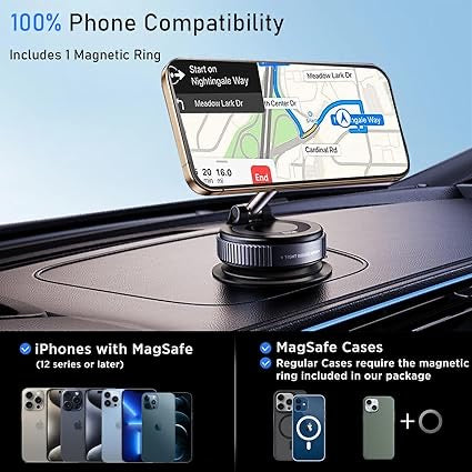 Upgraded Vacuum Suction Cup Magnetic Phone Holder Stand for Magsafe, Adjustable Swivel Lock for Car/ Gym Mirror/Kitchen/Smooth Surface