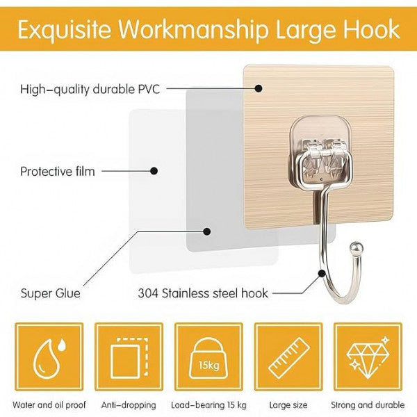 Golden Large Adhesive Wall Hooks – Heavy Duty, Rustproof & Drill-Free Hangers