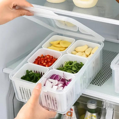 6-Grid Fridge Storage Container – Stackable Food Organizer with Drain Plate