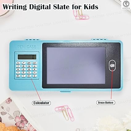 LCD Writing Tablet Pencil Box with Calculator, Drawing Board Case with Erase Button and Calculator, Magic Storage for Stationery
