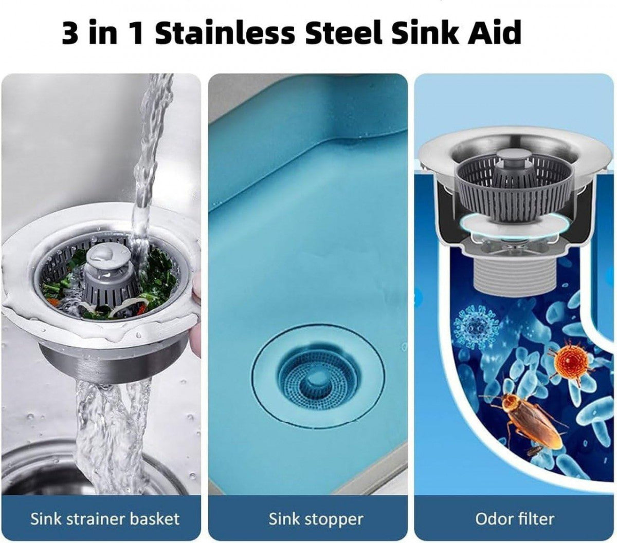 3-in-1 Kitchen Sink Drain Strainer, Stopper & Filter – Stainless Steel Pop-Up Anti-Clog Design