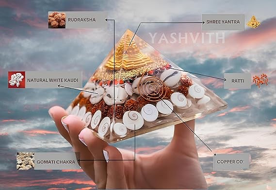 Crystal Laxmi Pyramid with Rudraksha Shree Yantra Natural Gomati Chakra White Kauri and Ratti Seeds for Vastu Money Wealth Good Luck, Success & Prosperity