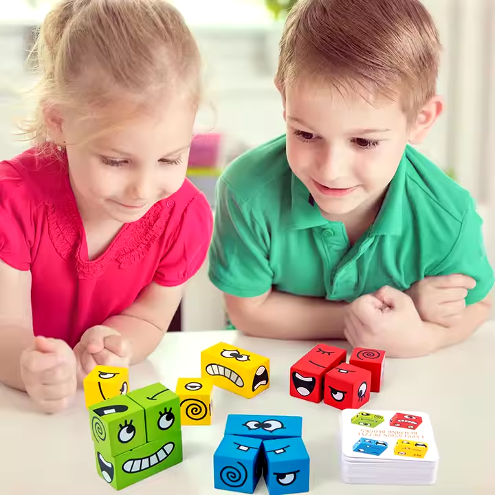 Wooden Cube face Changing Game for Kids | Expressions Matching Block Puzzle Toy, Preschool Educational Learning Activities Game for Boys, Girls, Adults etc. Age above 3+ Years