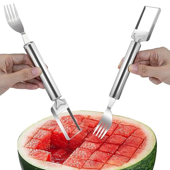 2-in-1 Watermelon Fork & Cutter | Stainless Steel Fruit Cube Slicer for Watermelon, Mango, Pear & More | Easy-to-Use Summer Kitchen Tool