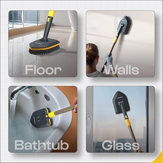 3-in-1 Cleaning Set | Long Handle Flexible Duster, Bristles, Microfiber & Scrubber for Tiles, Bathroom, Windows - 58.2” Extendable Pole, Detachable Heads