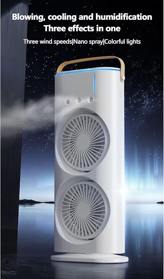 3-in-1 Portable Mist Fan – Dual-Sided Air Cooler, Humidifier & LED Light | USB Rechargeable Mini Fan for Home, Office, Travel & Camping