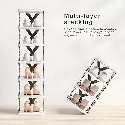 Multipurpose Shoe Rack for Home Plastic, Adjustable Stand Organizer Stackable Storage Bedroom Entryway Shelf Footwear Collapsible Corner Tower Shoes and Book Slots Rack (8 Layer Shoe Rack)