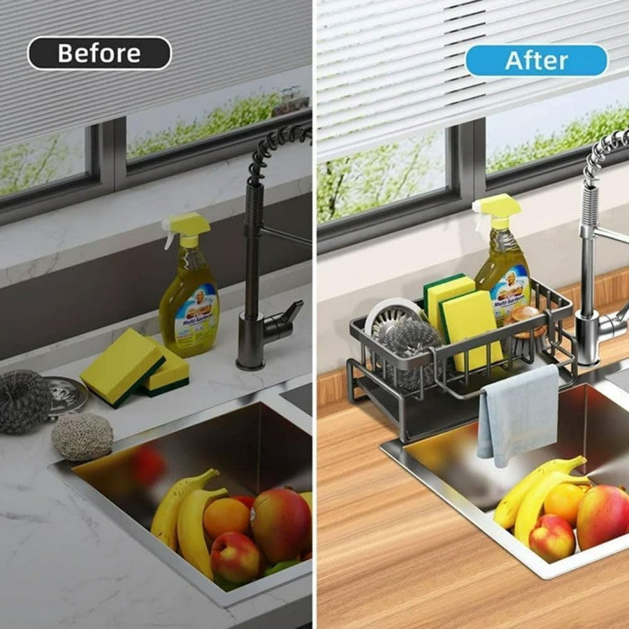 2-in-1 Metal Sink Caddy – Stainless Steel Over-Faucet Sink Organizer