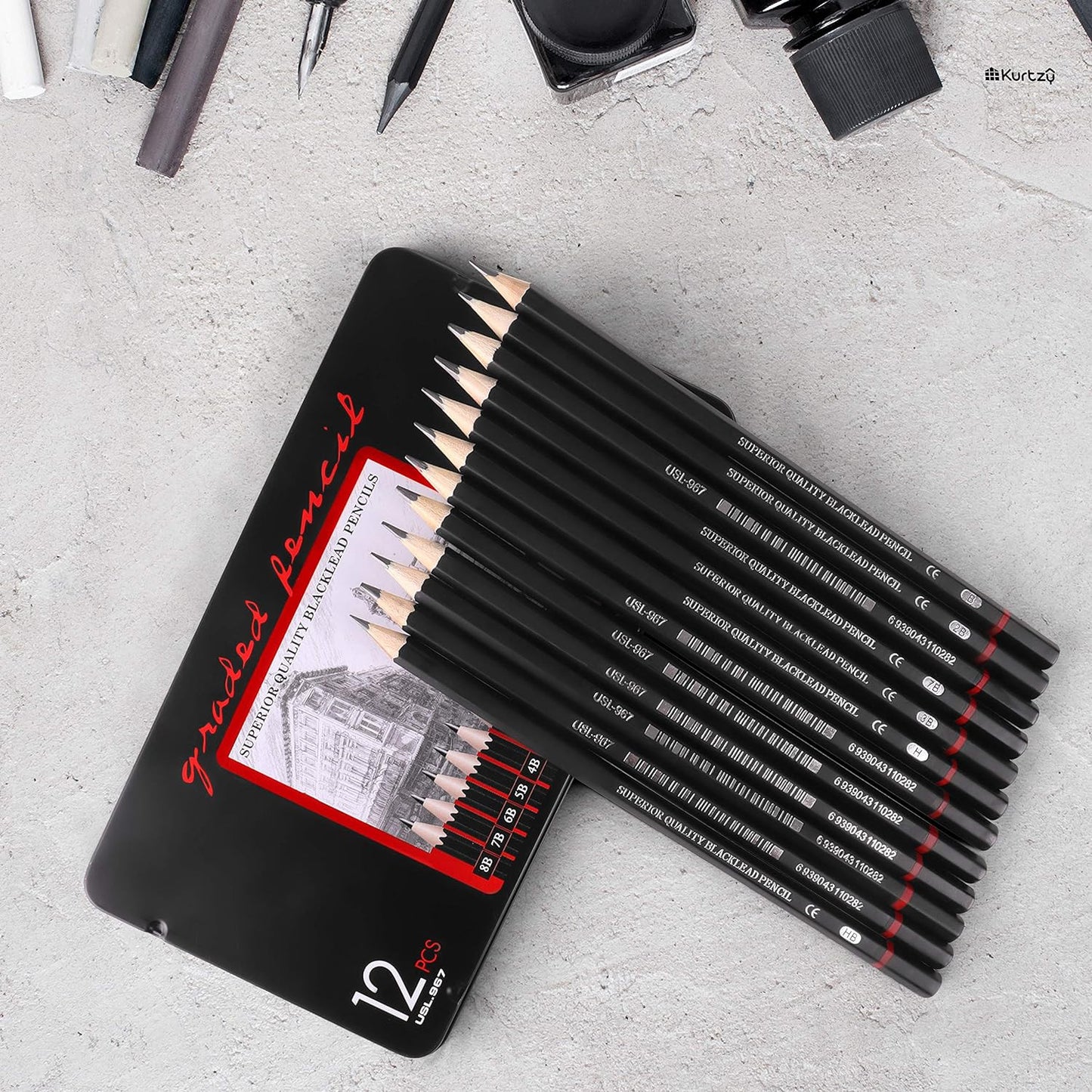 Artist Sketching & Drawing Pencil Set – 12 Pencils with Metal Storage Case (B to 8B, HB, H, 2H, F)